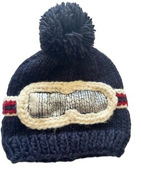 The Blueberry Hill Kids Navy Pom Knit Ski Goggles Beanie Hand Knit 2-5 yrs